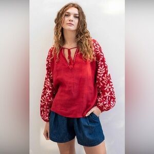 Voyageur by MERSEA Palermo Embroidered Linen Peasant Boho lagenlook Red, S